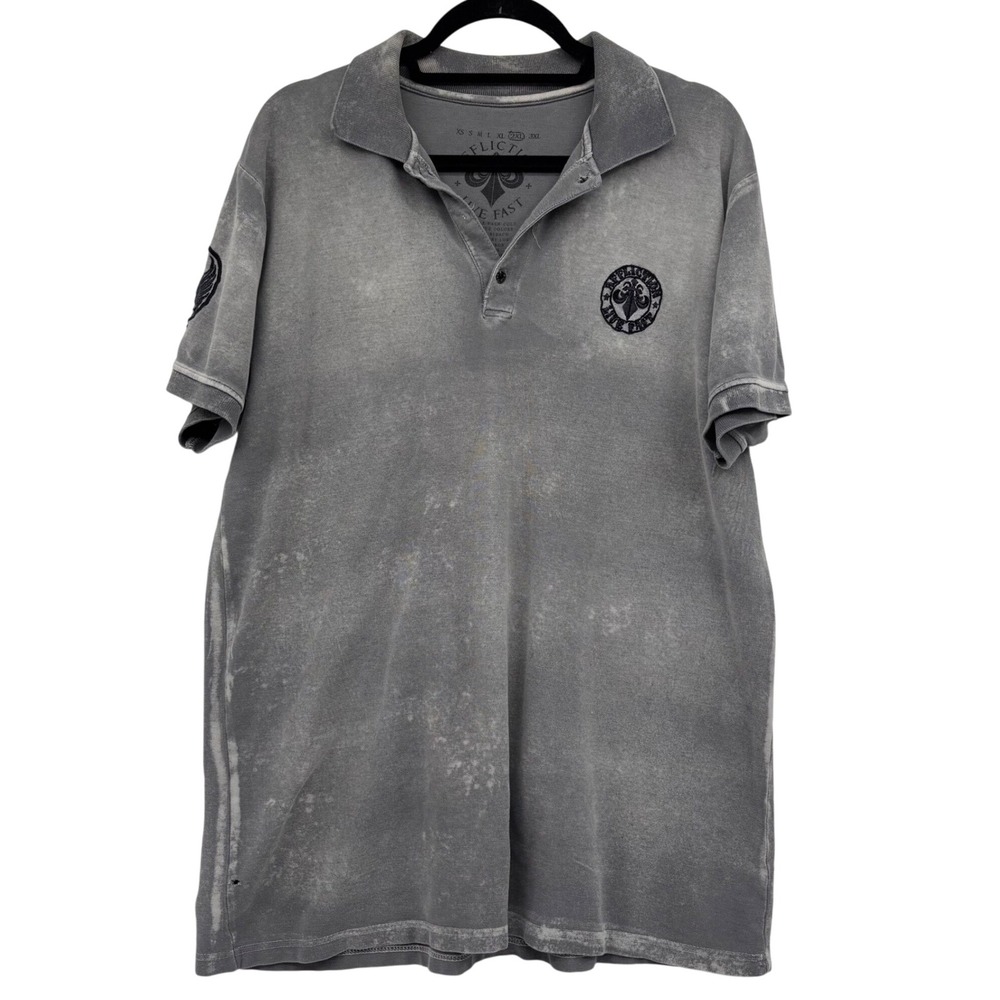 Affliction Mens Polo Shirt‎ 2XL Gray Black Goth Punk Streetwear Dark Academia